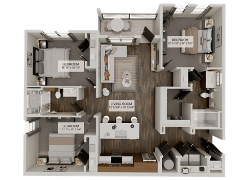 Floor plan for 3 beds, 2 baths, 1259 sqft